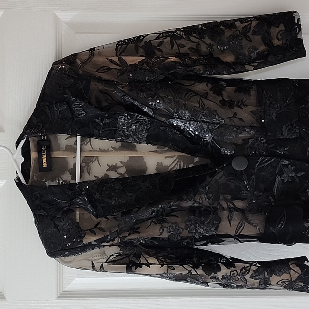 VINTAGE KAREN MILLER NOVALUXE BLACK SEQUIN BEADED BLAZER JACKET SZ S
